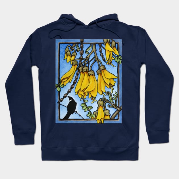 Tui in the kowhai tree Hoodie by AprilAppleArt